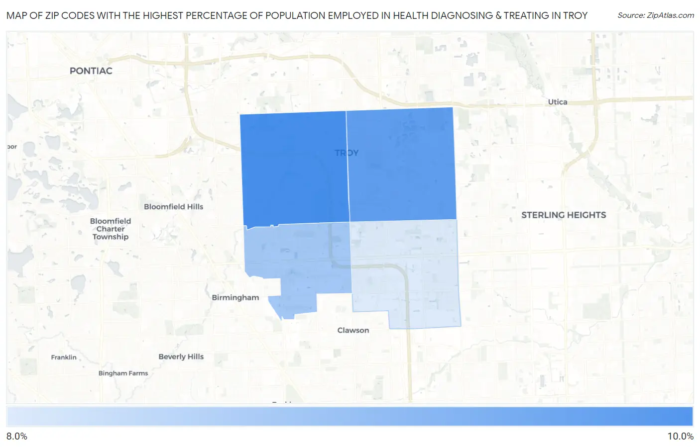 Zip Codes with the Highest Percentage of Population Employed in Health Diagnosing & Treating in Troy Map