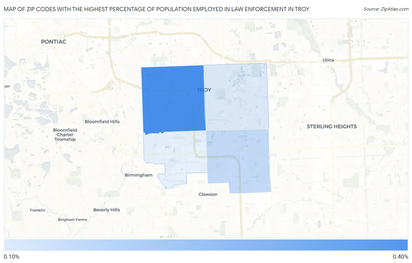 Zip Codes with the Highest Percentage of Population Employed in Law Enforcement in Troy Map