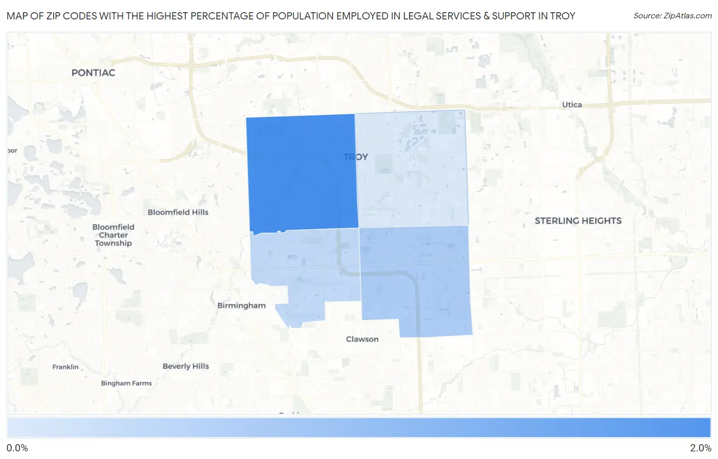 Zip Codes with the Highest Percentage of Population Employed in Legal Services & Support in Troy Map