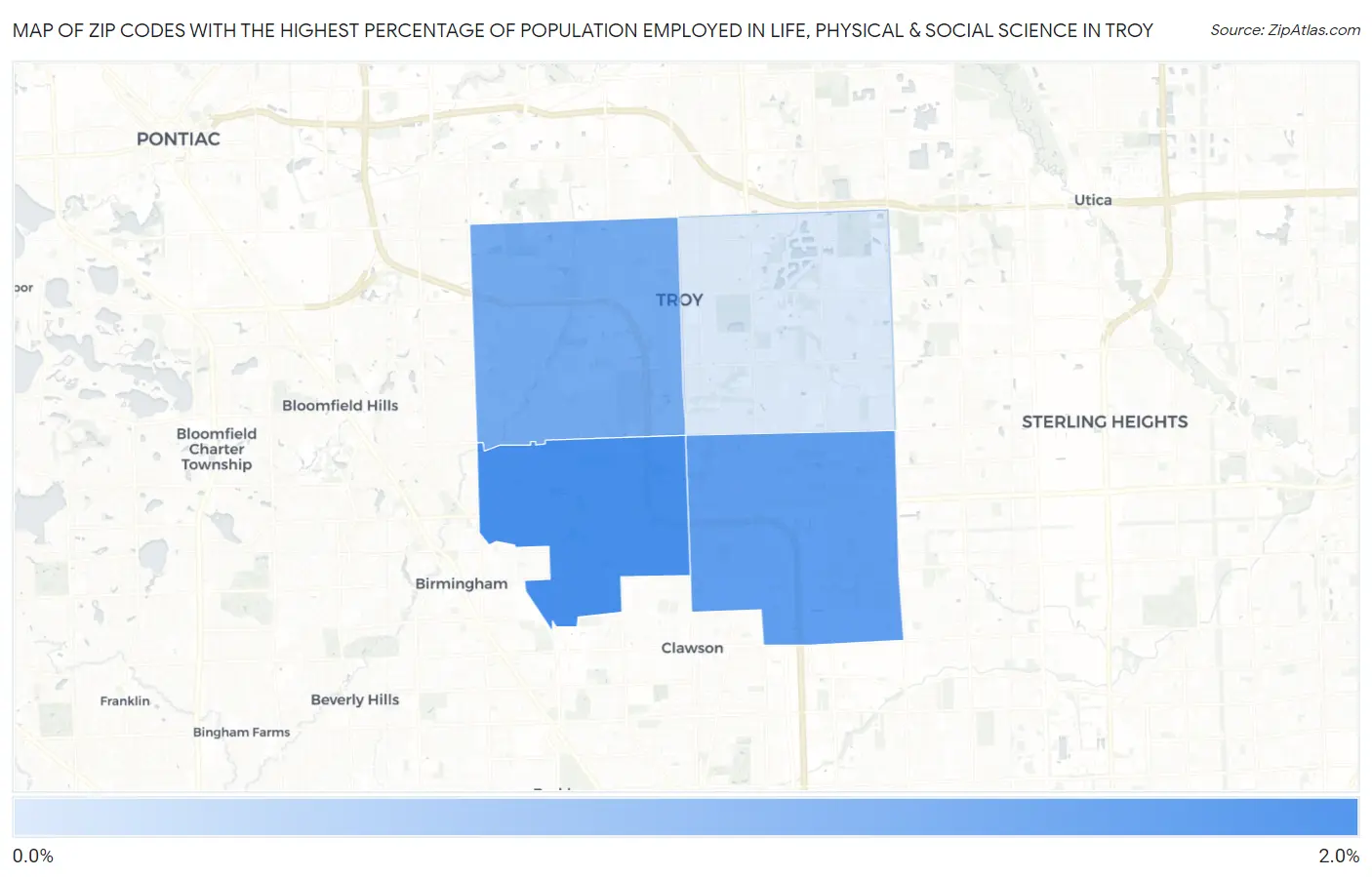 Zip Codes with the Highest Percentage of Population Employed in Life, Physical & Social Science in Troy Map