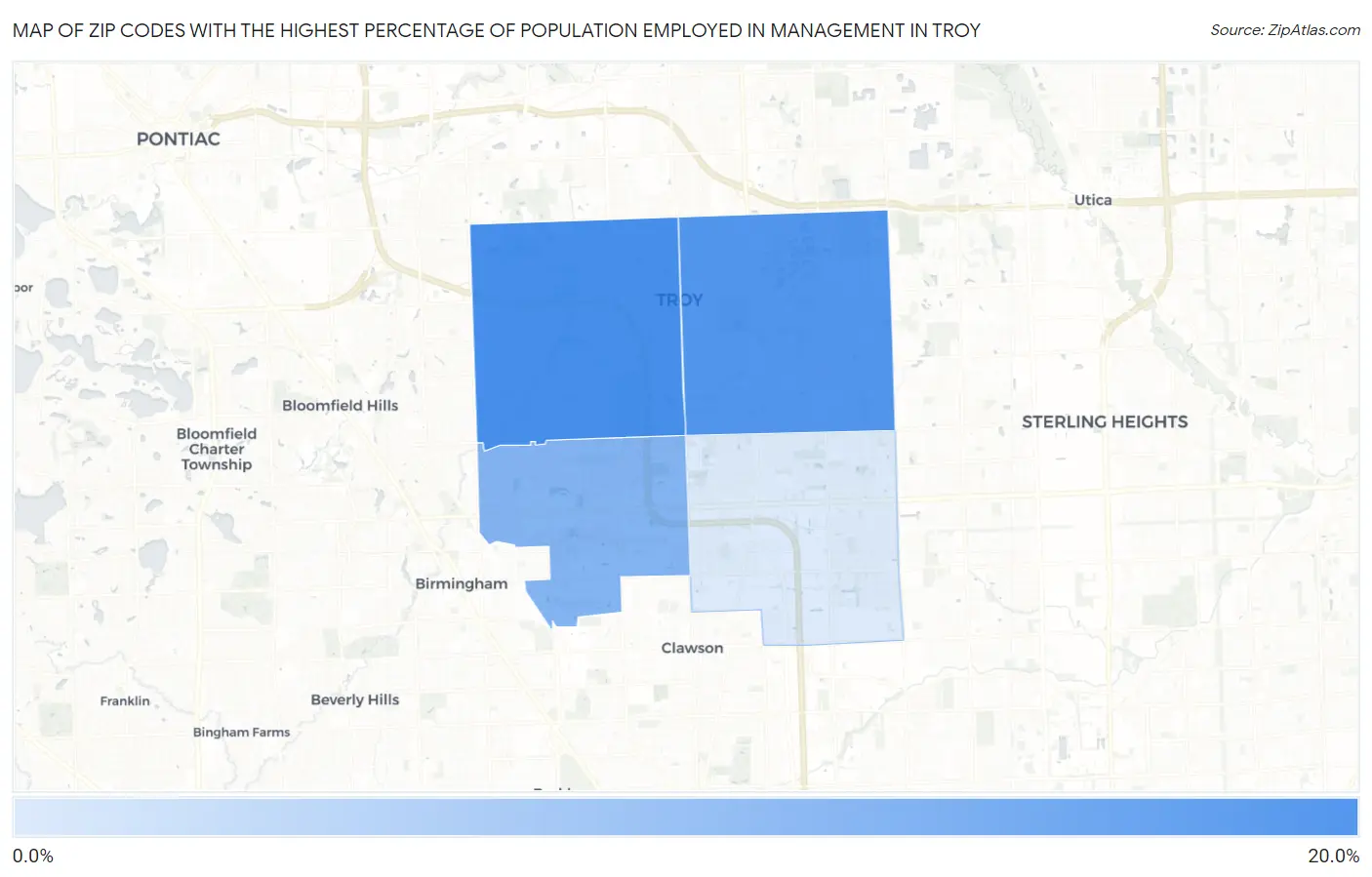 Zip Codes with the Highest Percentage of Population Employed in Management in Troy Map