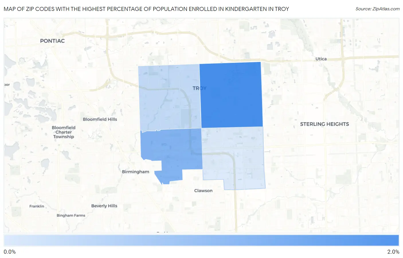 Zip Codes with the Highest Percentage of Population Enrolled in Kindergarten in Troy Map