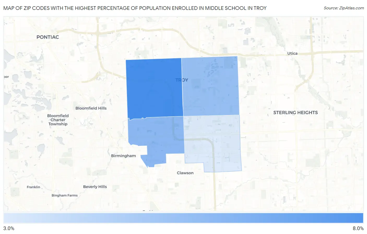 Zip Codes with the Highest Percentage of Population Enrolled in Middle School in Troy Map
