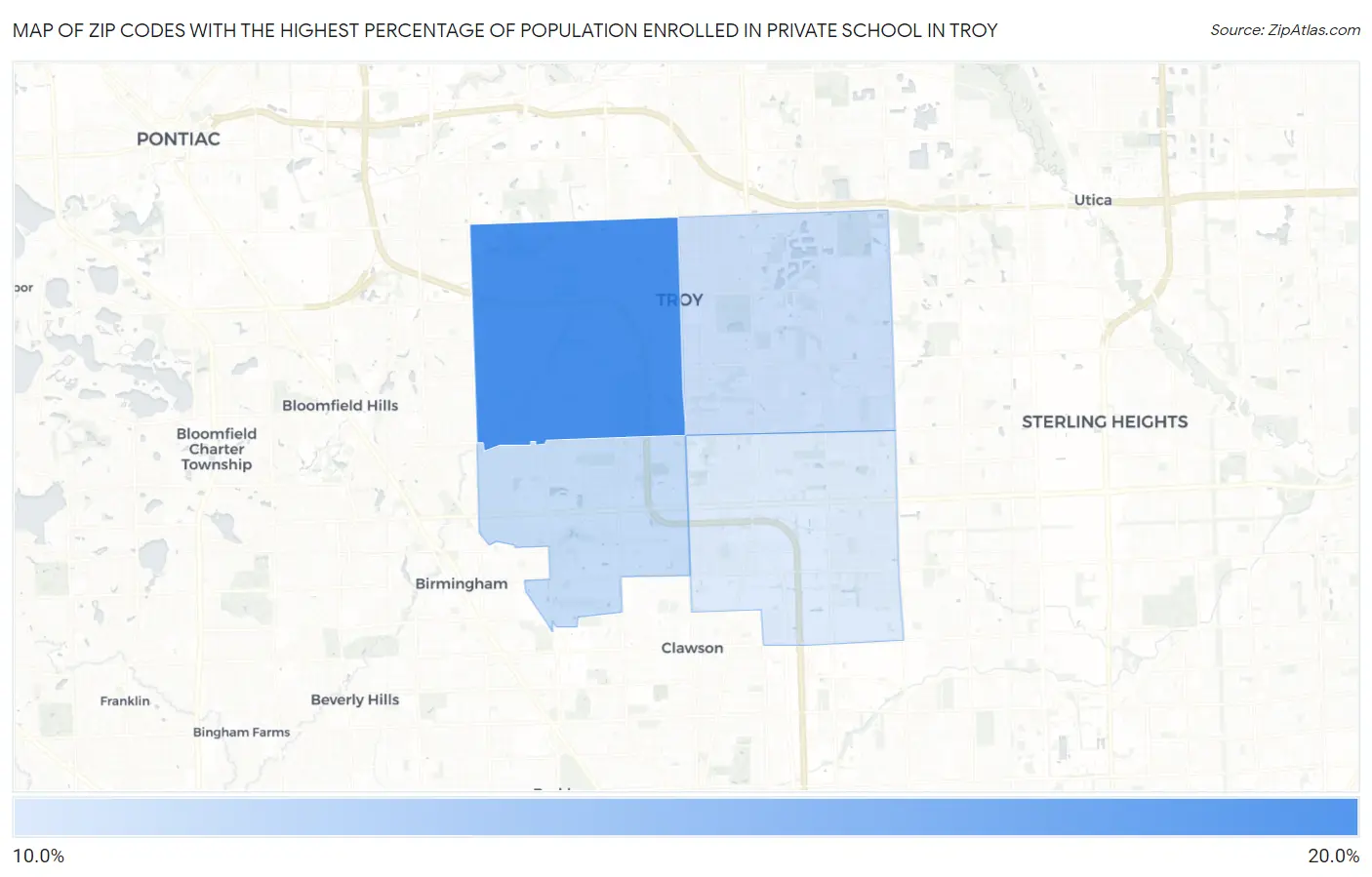 Zip Codes with the Highest Percentage of Population Enrolled in Private School in Troy Map