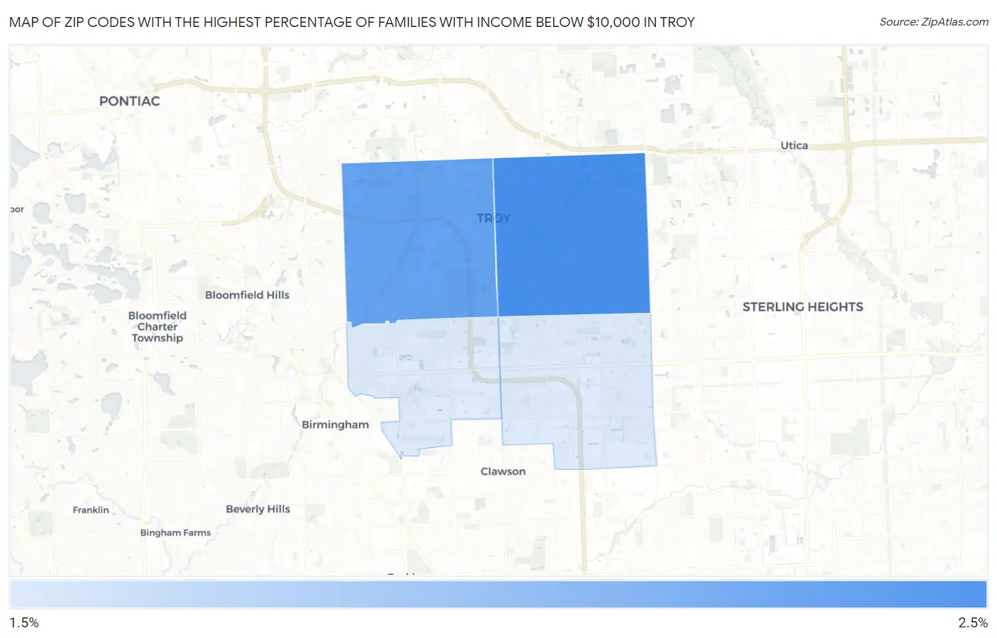 Zip Codes with the Highest Percentage of Families with Income Below $10,000 in Troy Map