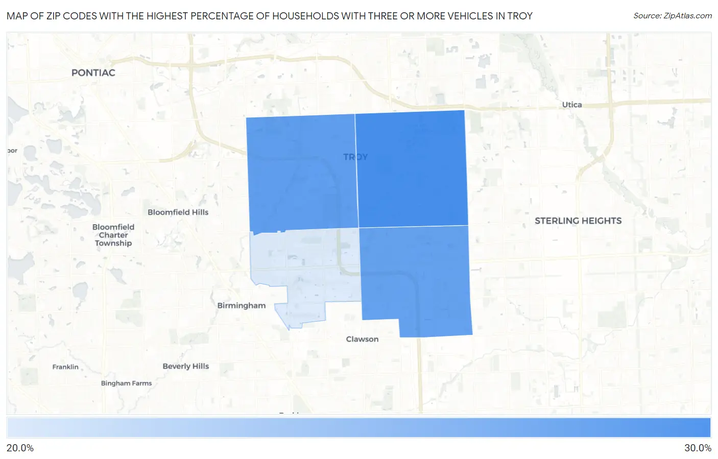 Zip Codes with the Highest Percentage of Households With Three or more Vehicles in Troy Map