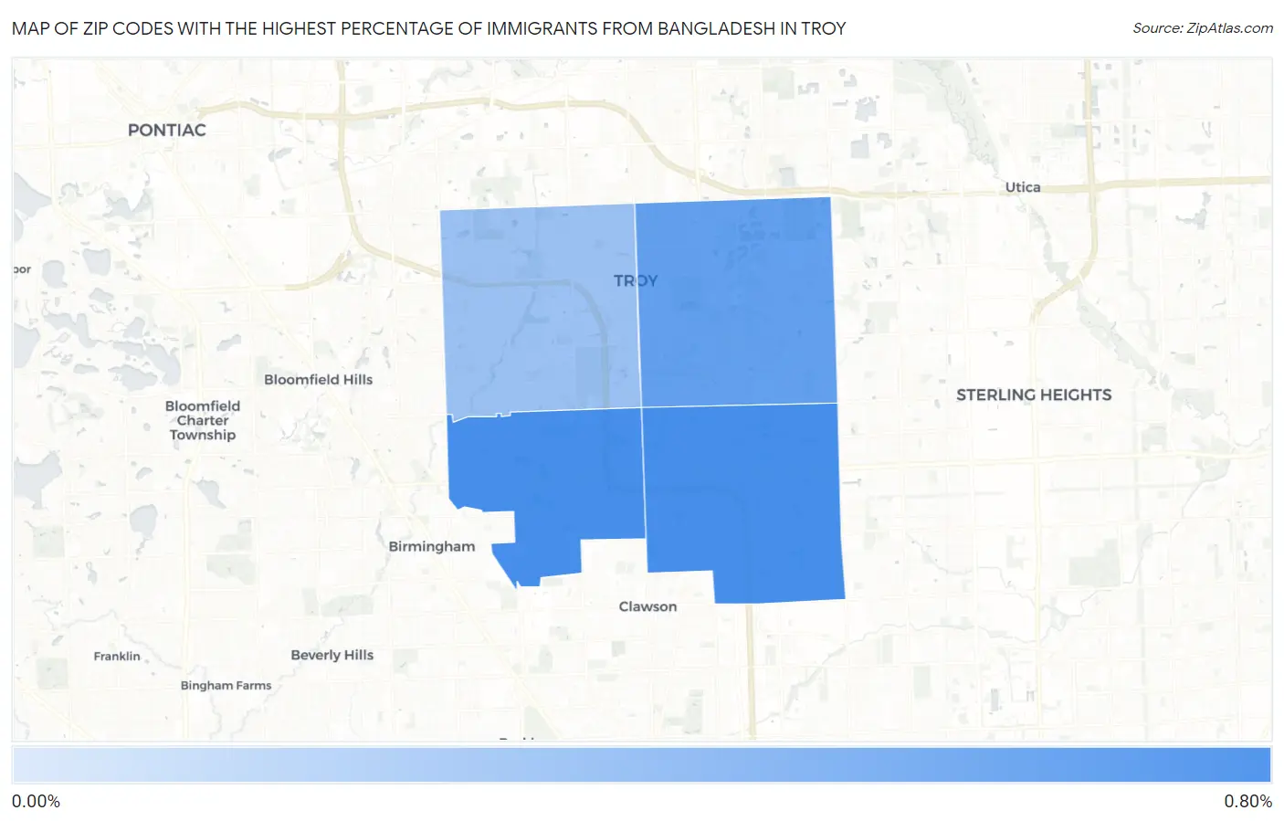 Zip Codes with the Highest Percentage of Immigrants from Bangladesh in Troy Map