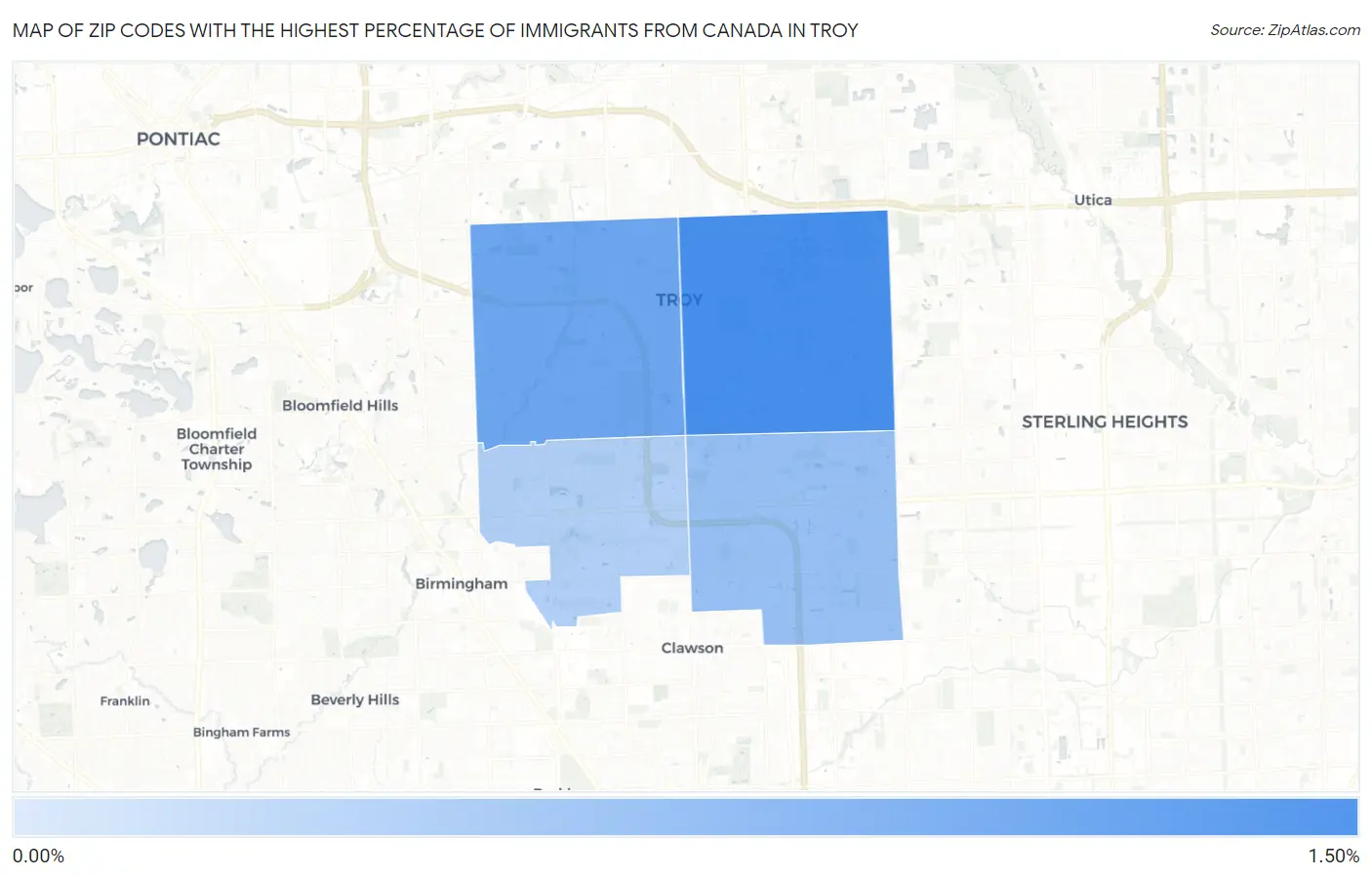 Zip Codes with the Highest Percentage of Immigrants from Canada in Troy Map