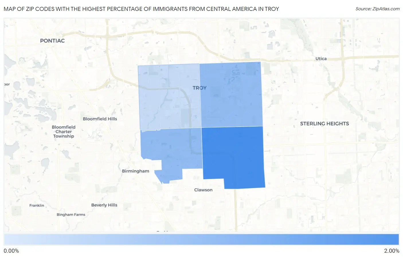 Zip Codes with the Highest Percentage of Immigrants from Central America in Troy Map