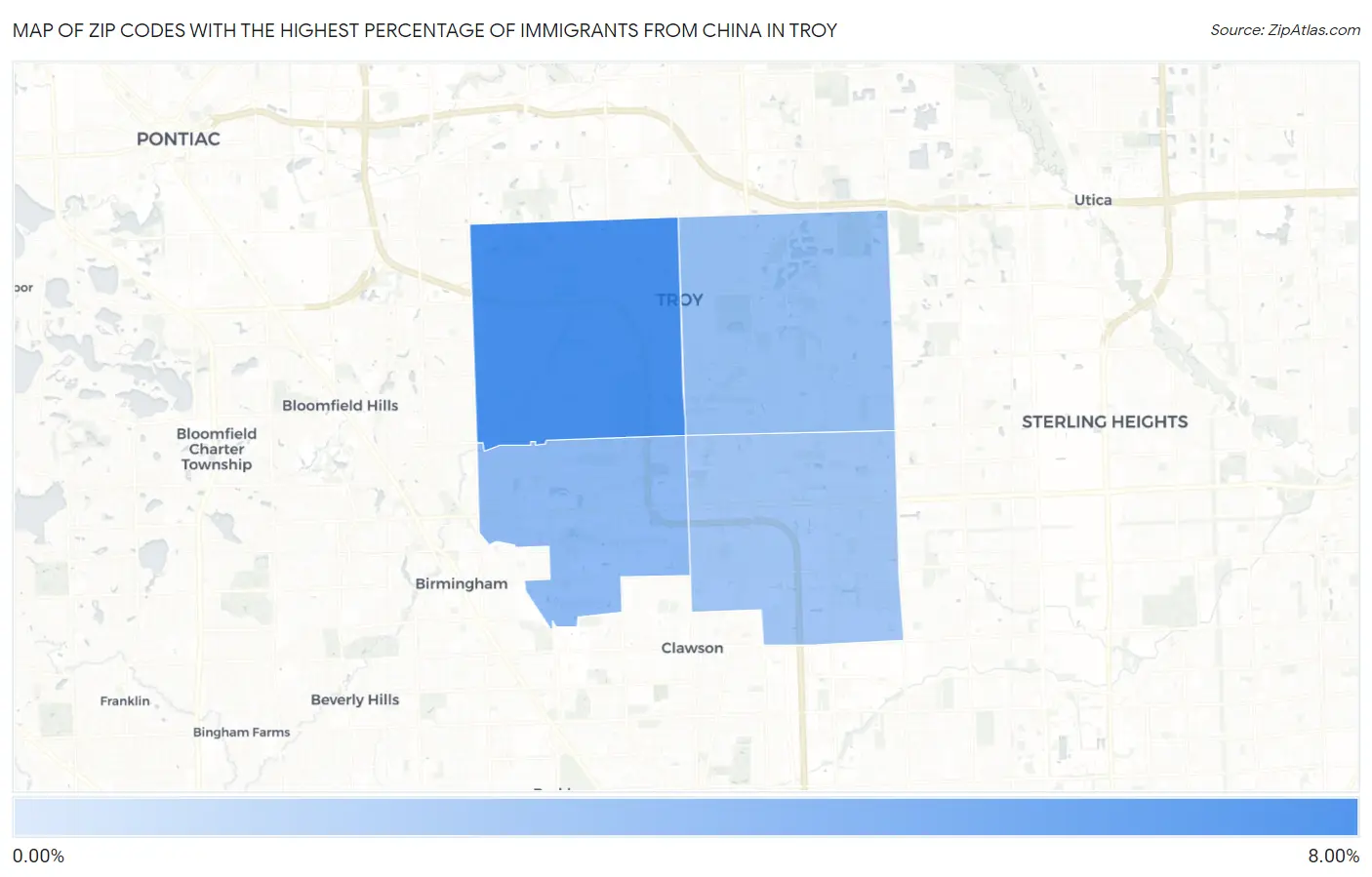 Zip Codes with the Highest Percentage of Immigrants from China in Troy Map