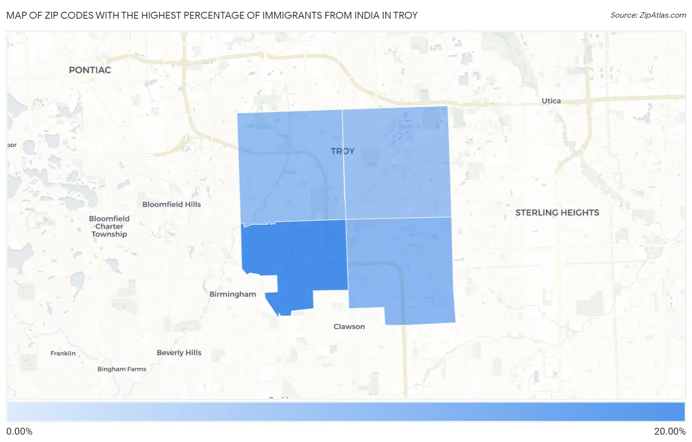 Zip Codes with the Highest Percentage of Immigrants from India in Troy Map