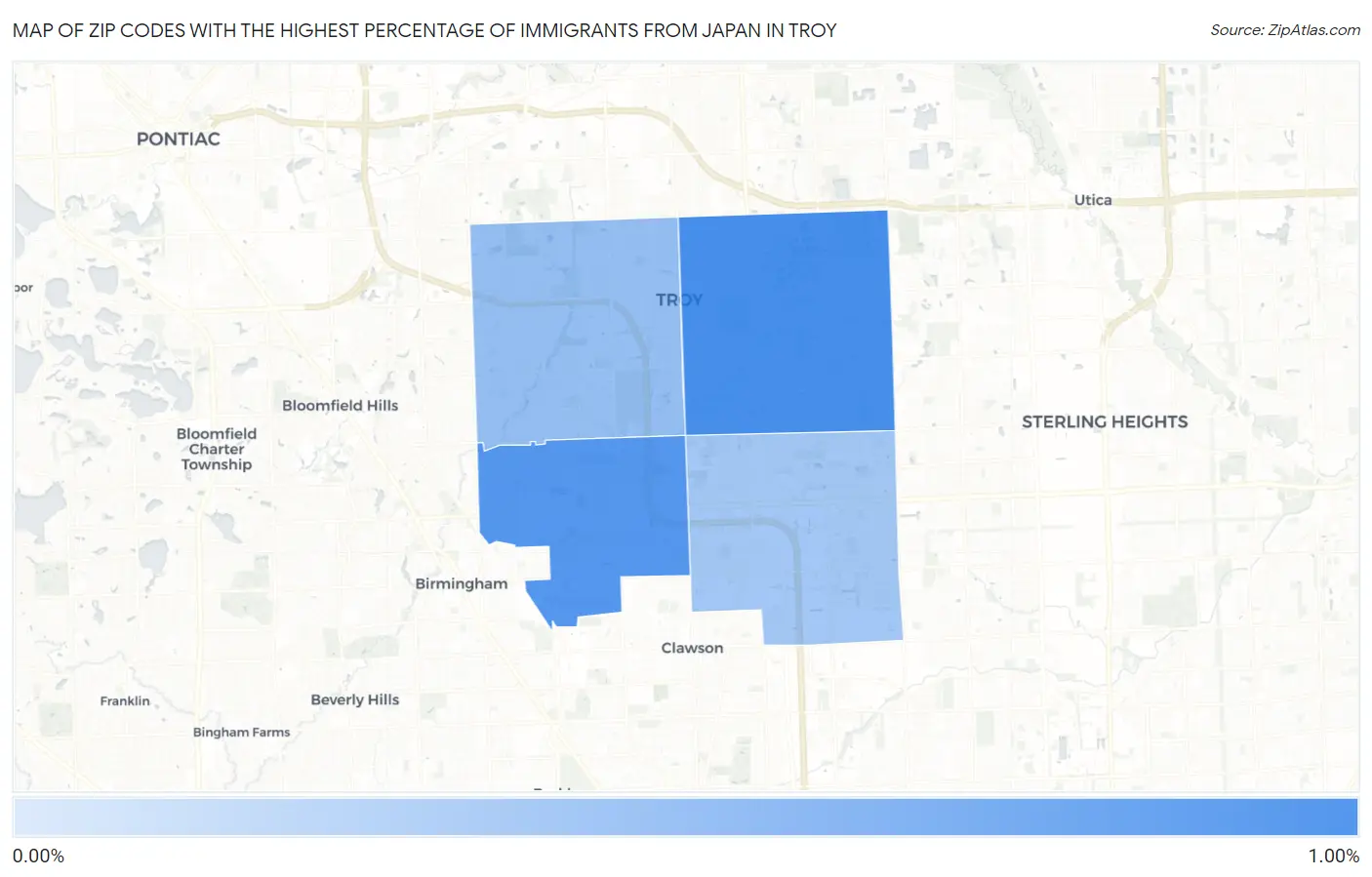 Zip Codes with the Highest Percentage of Immigrants from Japan in Troy Map
