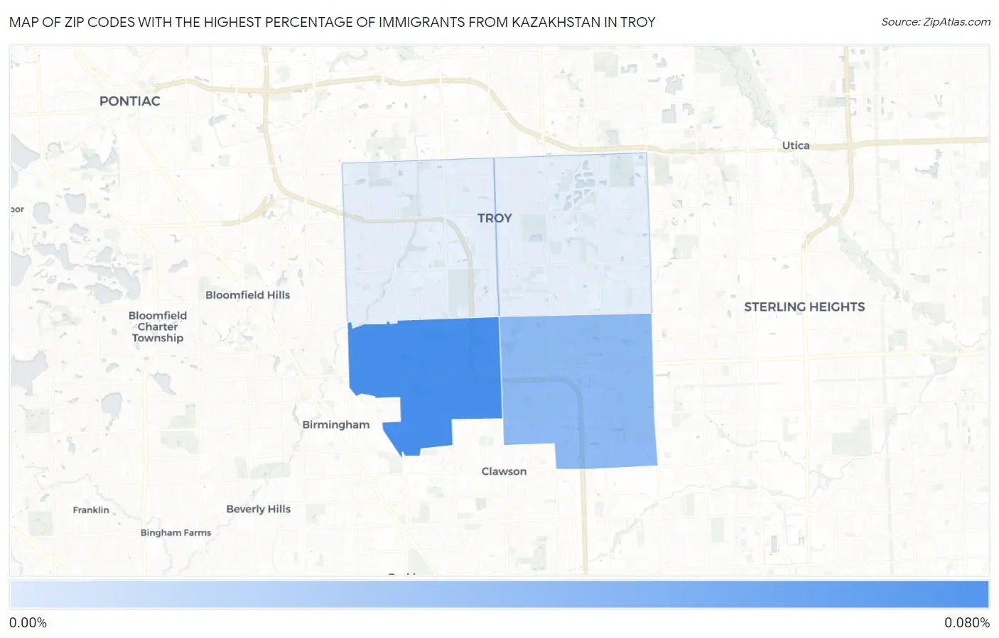 Zip Codes with the Highest Percentage of Immigrants from Kazakhstan in Troy Map