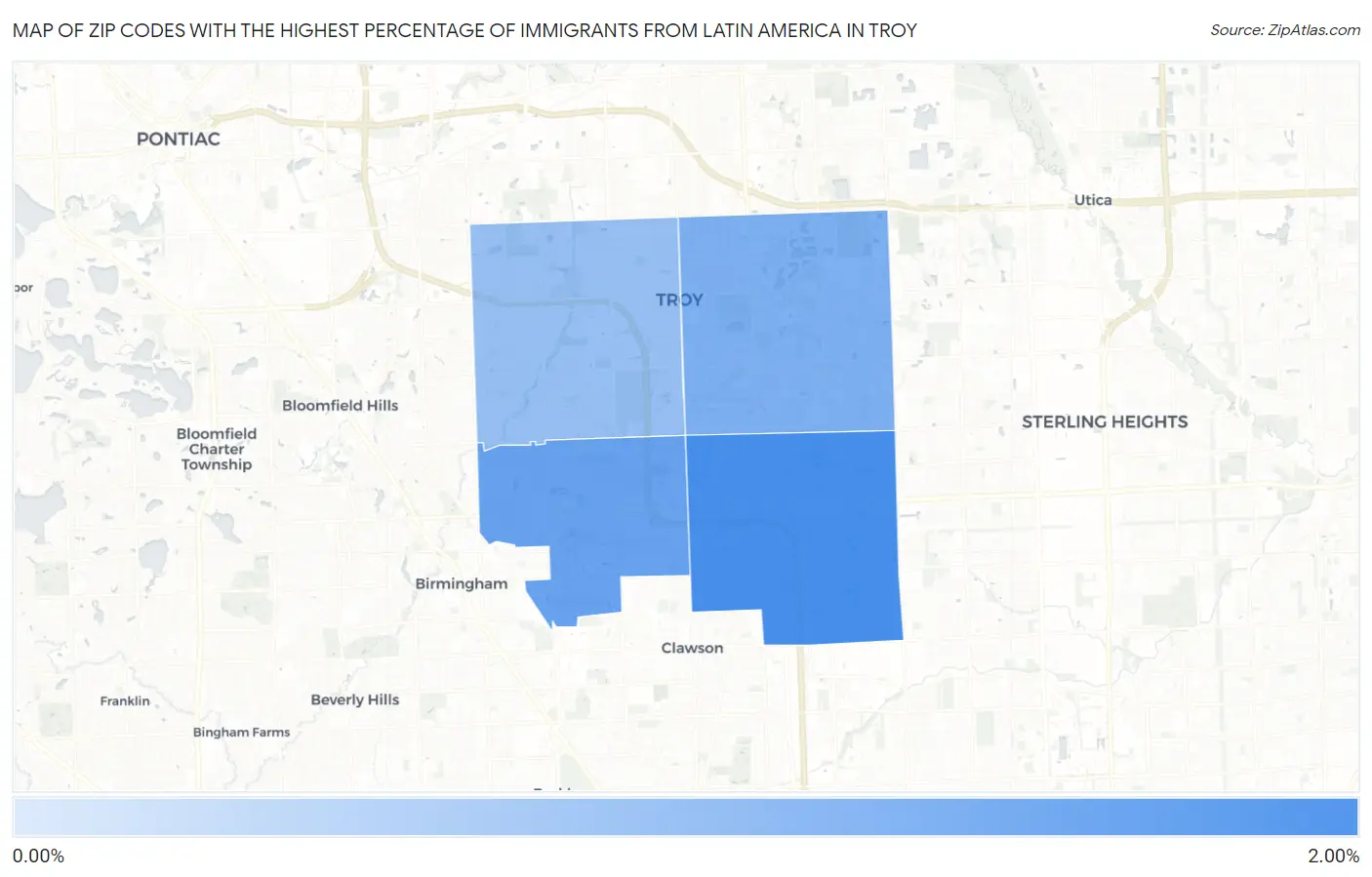 Zip Codes with the Highest Percentage of Immigrants from Latin America in Troy Map