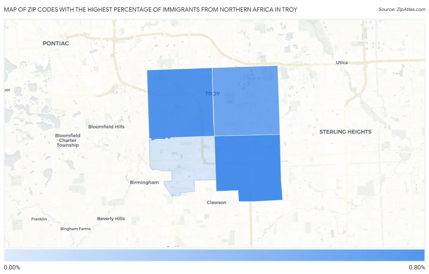 Zip Codes with the Highest Percentage of Immigrants from Northern Africa in Troy Map