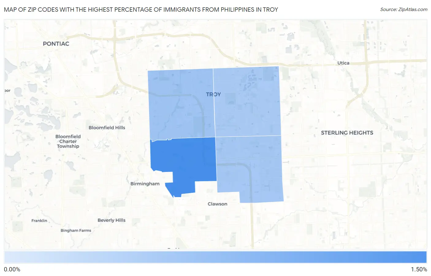 Zip Codes with the Highest Percentage of Immigrants from Philippines in Troy Map