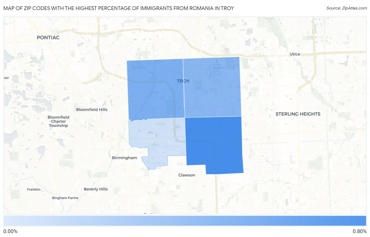 Zip Codes with the Highest Percentage of Immigrants from Romania in Troy Map