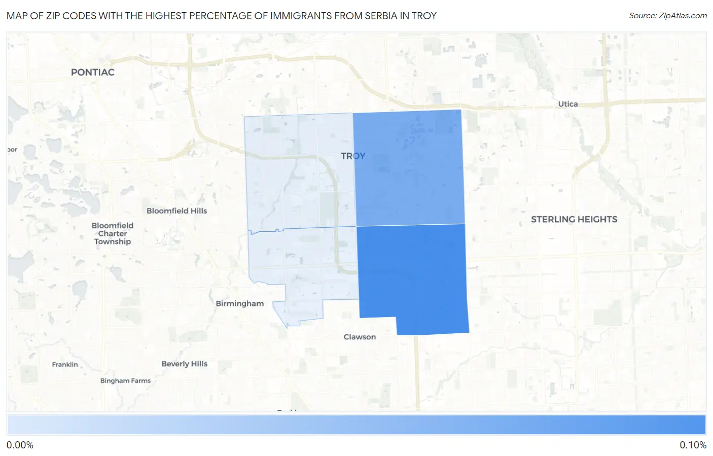 Zip Codes with the Highest Percentage of Immigrants from Serbia in Troy Map
