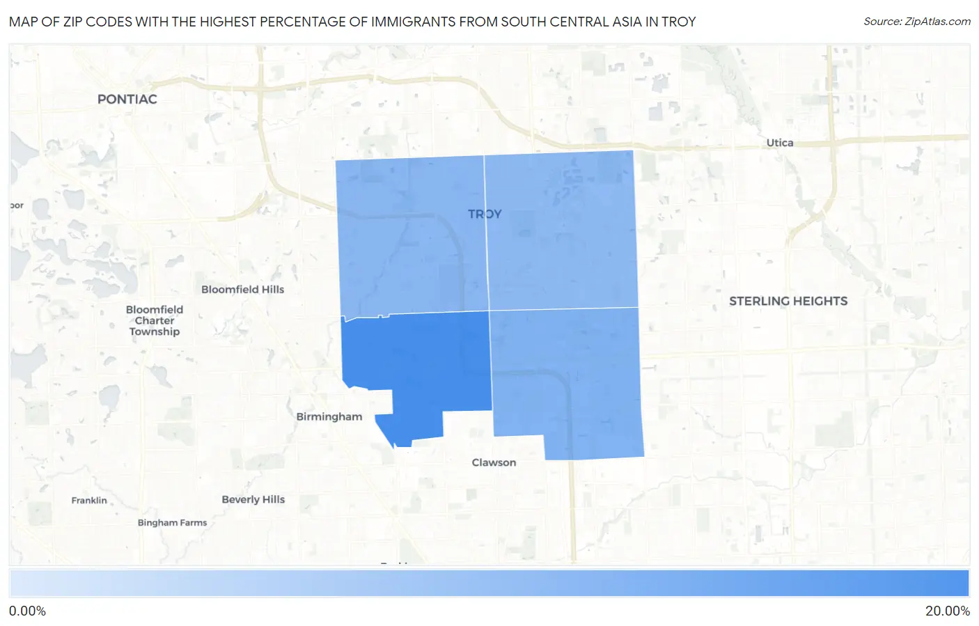 Zip Codes with the Highest Percentage of Immigrants from South Central Asia in Troy Map
