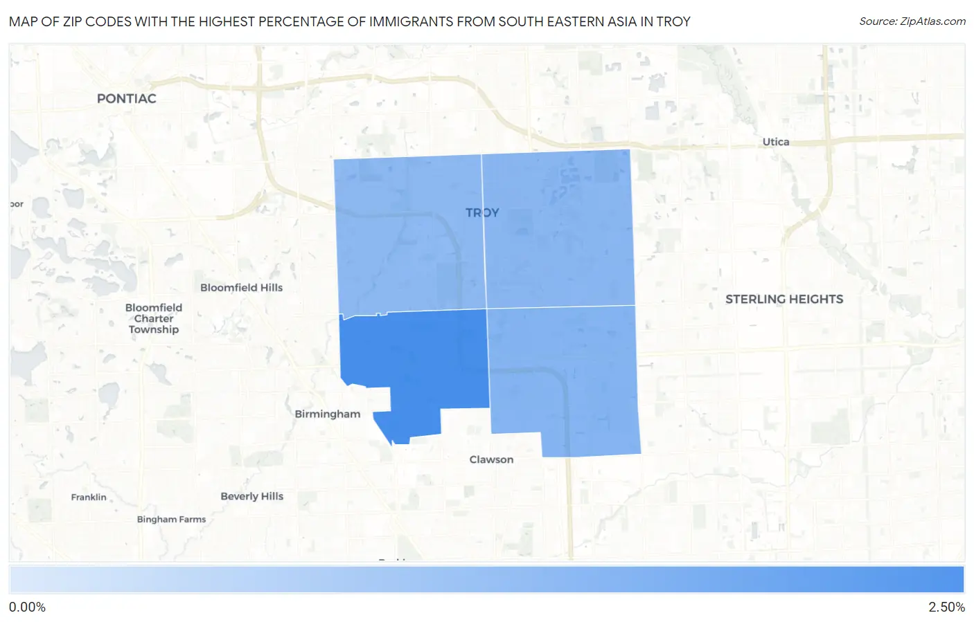 Zip Codes with the Highest Percentage of Immigrants from South Eastern Asia in Troy Map