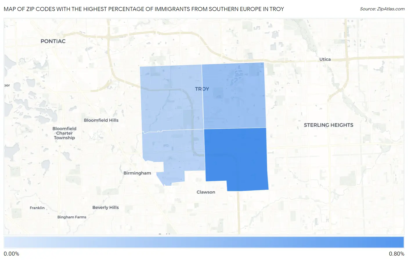 Zip Codes with the Highest Percentage of Immigrants from Southern Europe in Troy Map