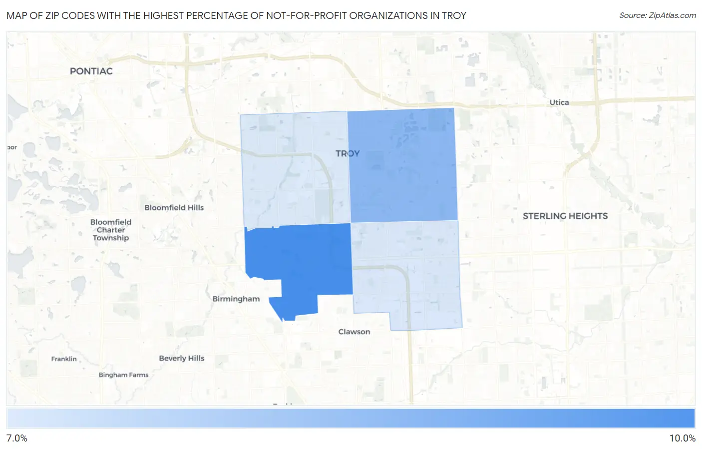 Zip Codes with the Highest Percentage of Not-for-profit Organizations in Troy Map