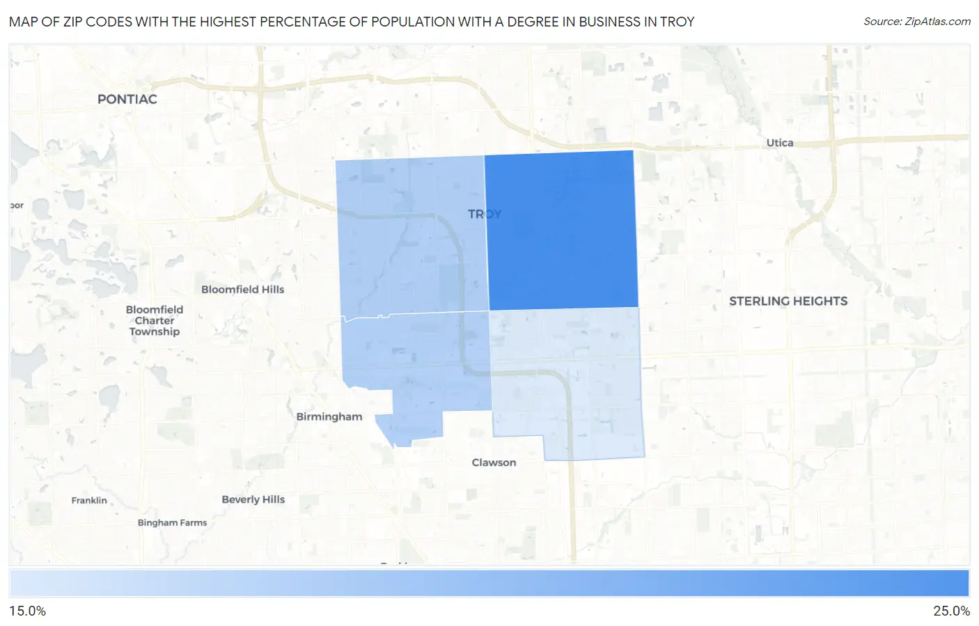 Zip Codes with the Highest Percentage of Population with a Degree in Business in Troy Map