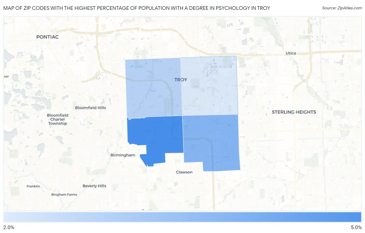 Zip Codes with the Highest Percentage of Population with a Degree in Psychology in Troy Map