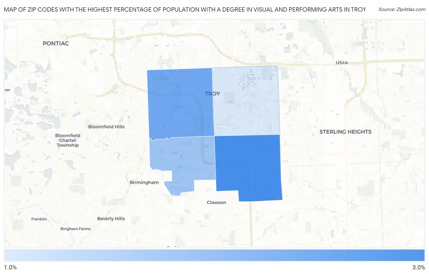 Zip Codes with the Highest Percentage of Population with a Degree in Visual and Performing Arts in Troy Map