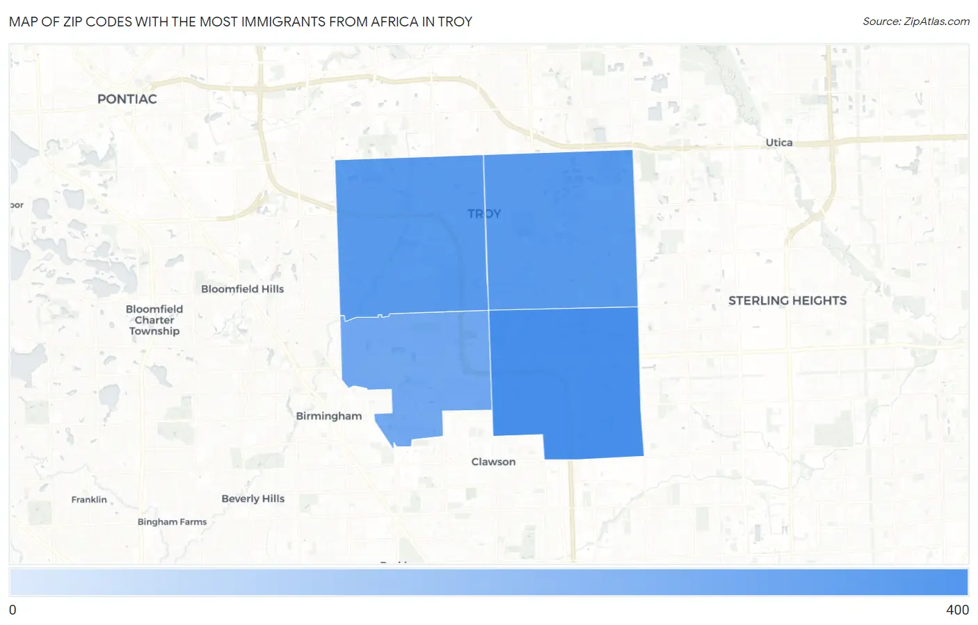 Zip Codes with the Most Immigrants from Africa in Troy Map