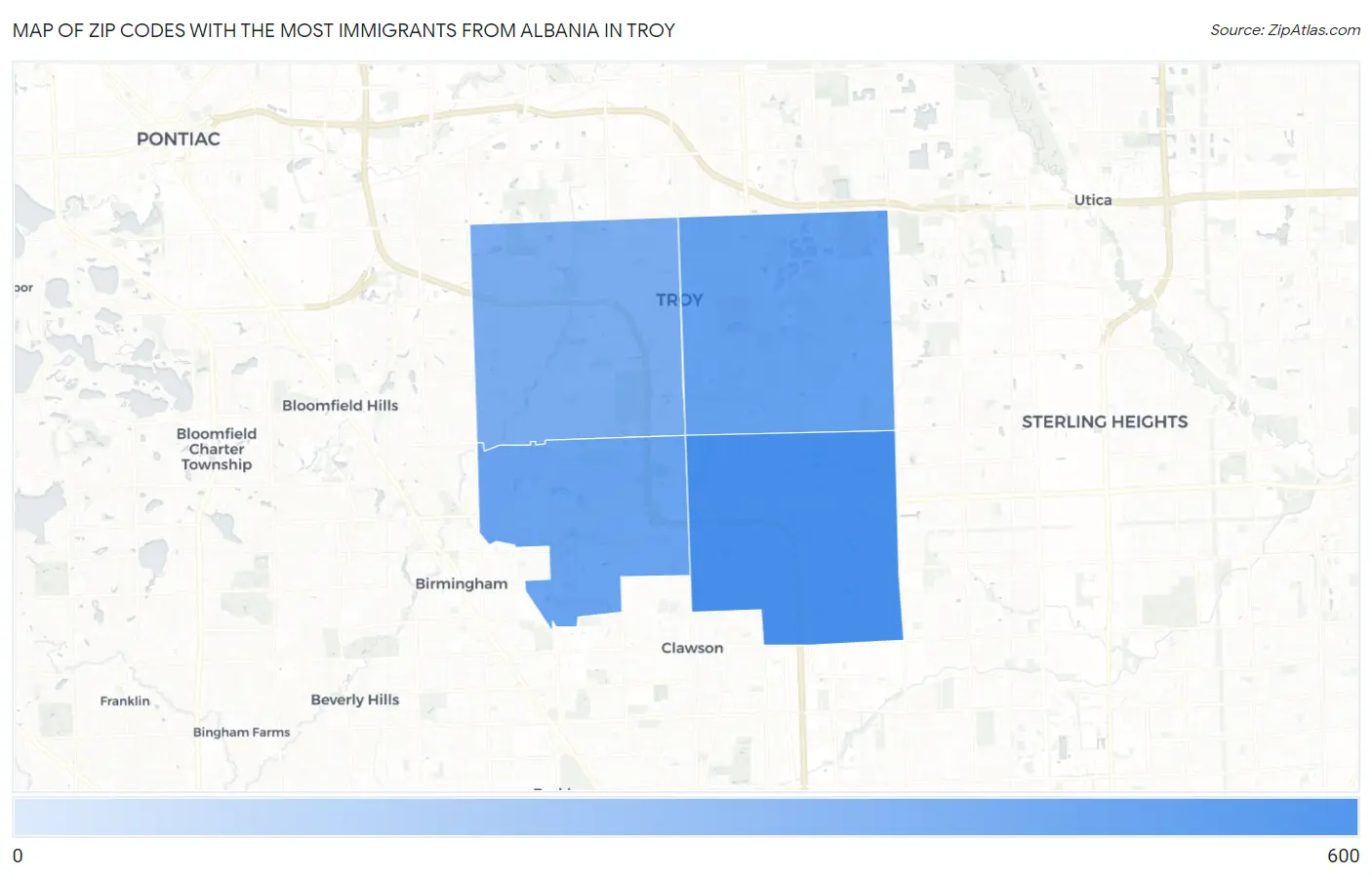 Zip Codes with the Most Immigrants from Albania in Troy Map