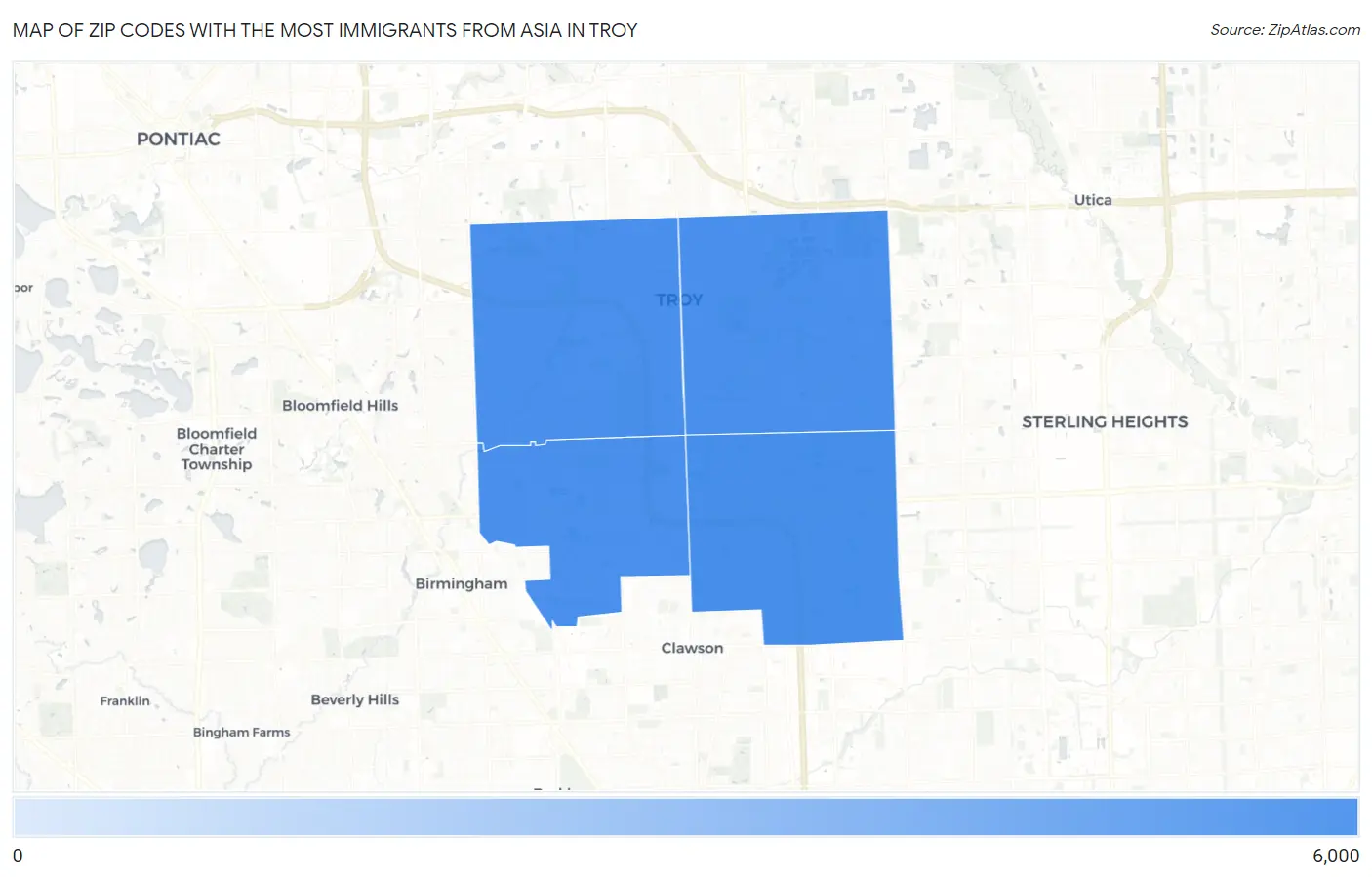 Zip Codes with the Most Immigrants from Asia in Troy Map