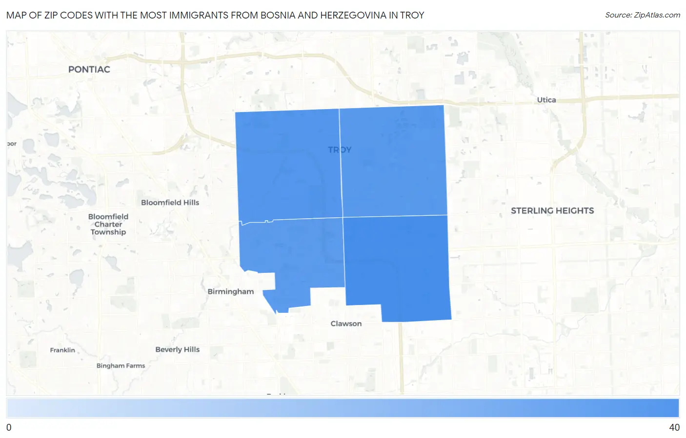 Zip Codes with the Most Immigrants from Bosnia and Herzegovina in Troy Map