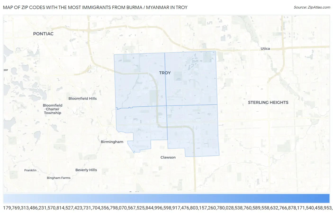 Zip Codes with the Most Immigrants from Burma / Myanmar in Troy Map