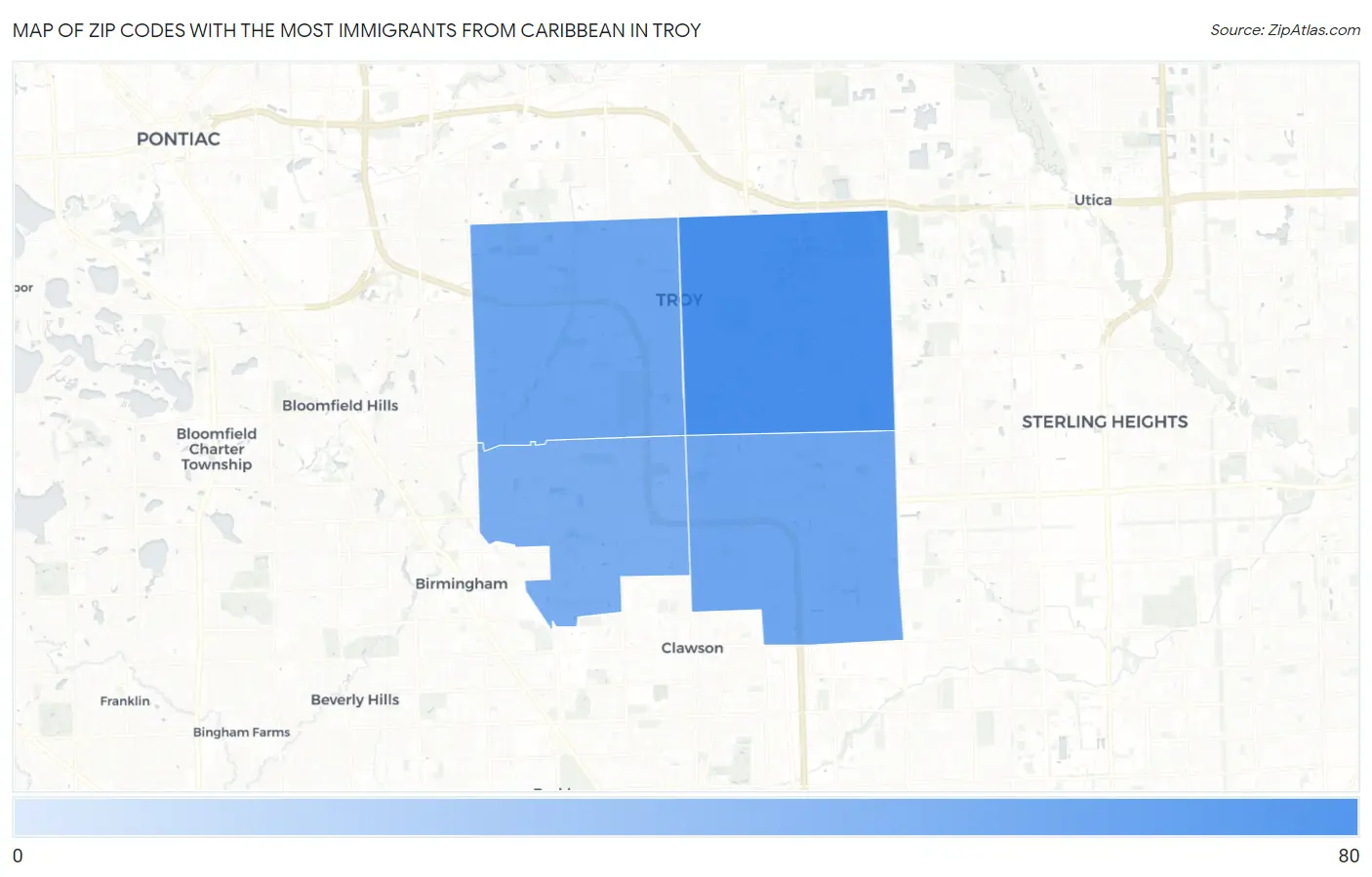 Zip Codes with the Most Immigrants from Caribbean in Troy Map
