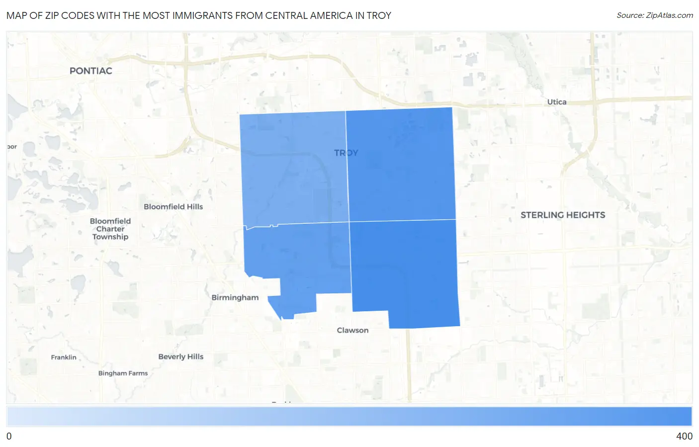 Zip Codes with the Most Immigrants from Central America in Troy Map