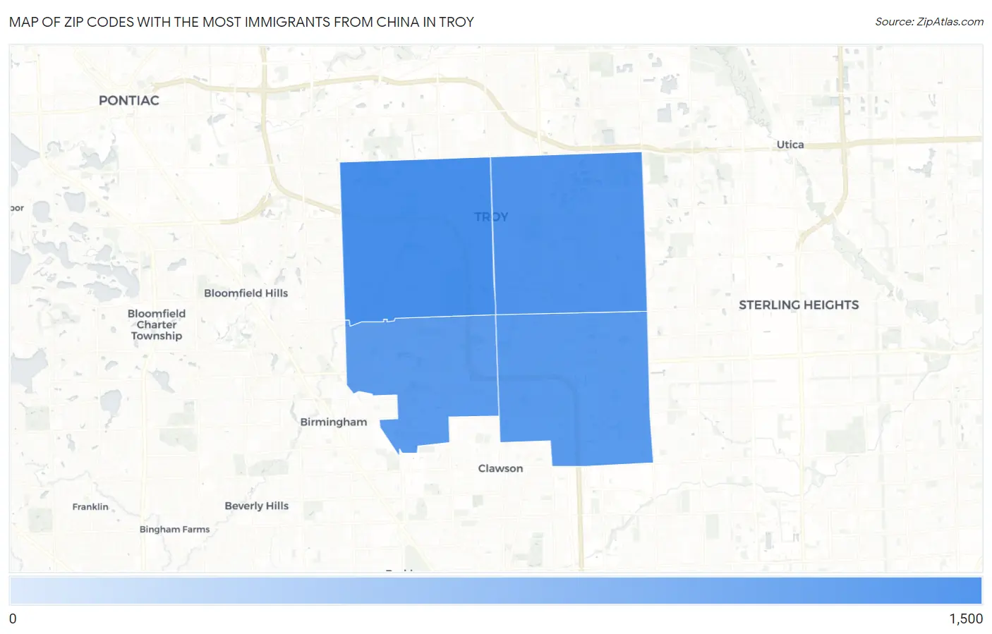 Zip Codes with the Most Immigrants from China in Troy Map
