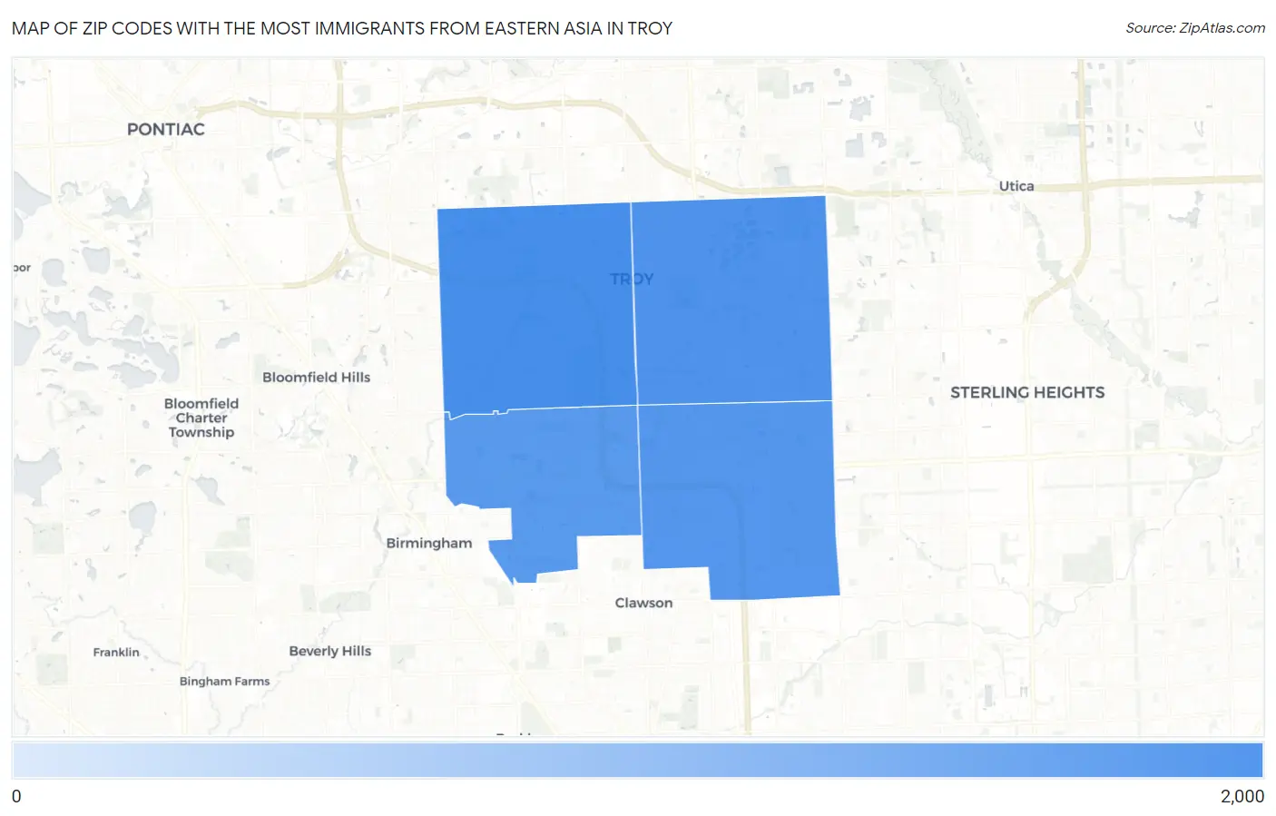 Zip Codes with the Most Immigrants from Eastern Asia in Troy Map