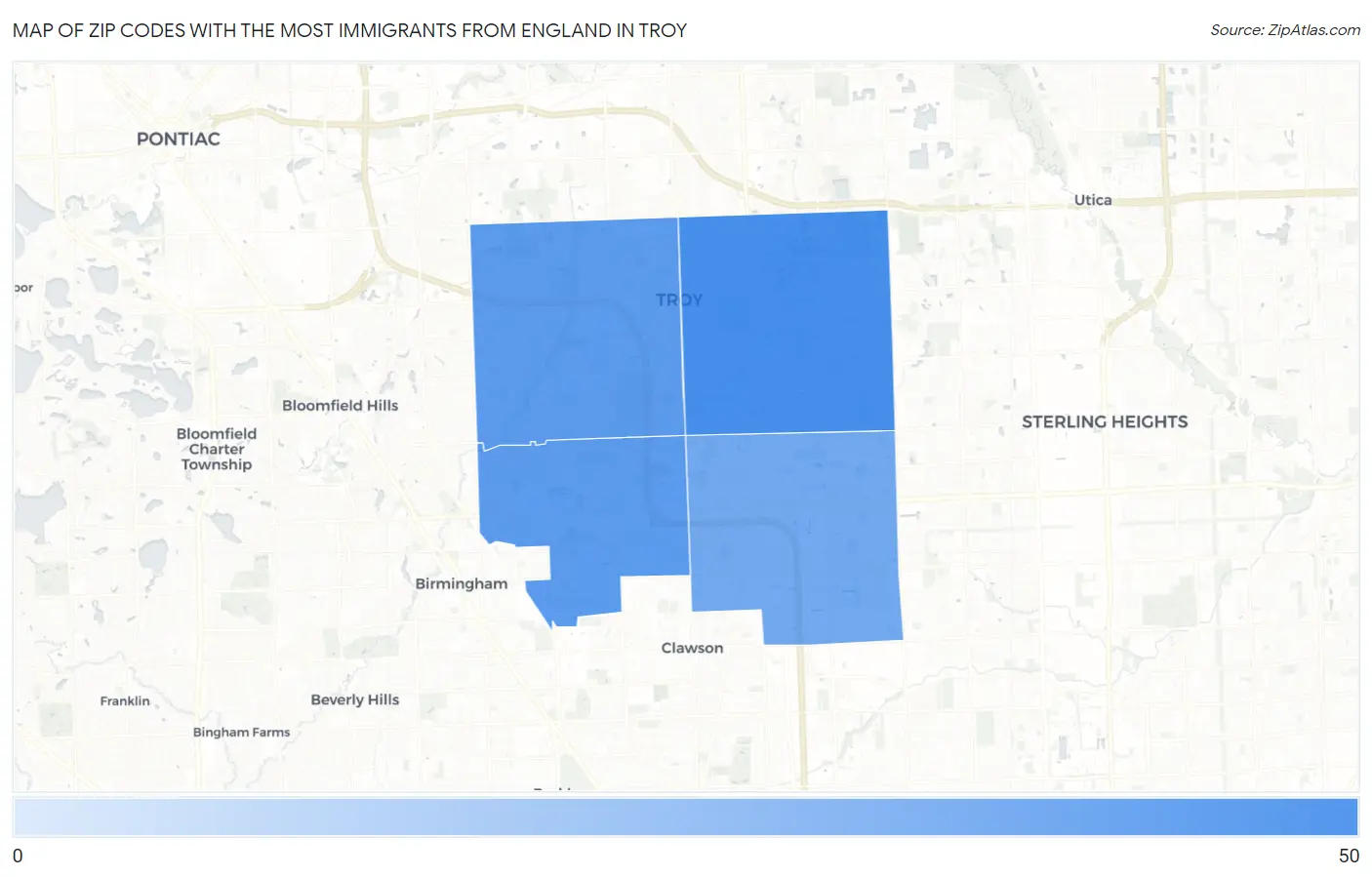 Zip Codes with the Most Immigrants from England in Troy Map