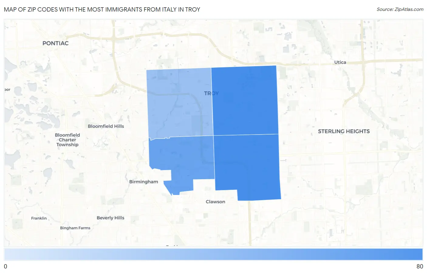 Zip Codes with the Most Immigrants from Italy in Troy Map
