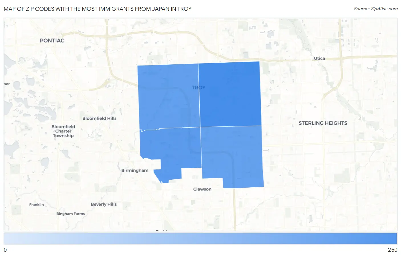 Zip Codes with the Most Immigrants from Japan in Troy Map