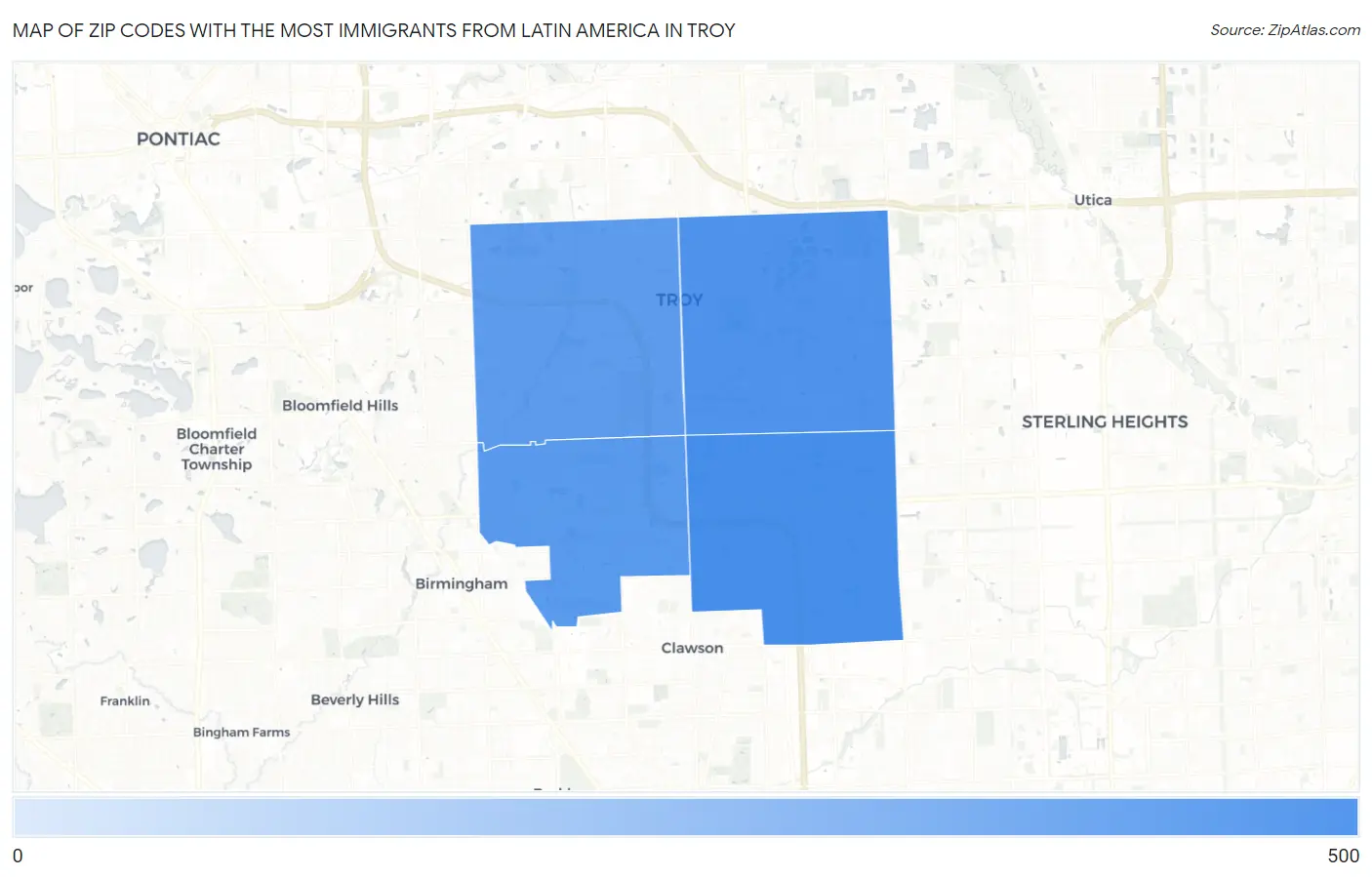 Zip Codes with the Most Immigrants from Latin America in Troy Map