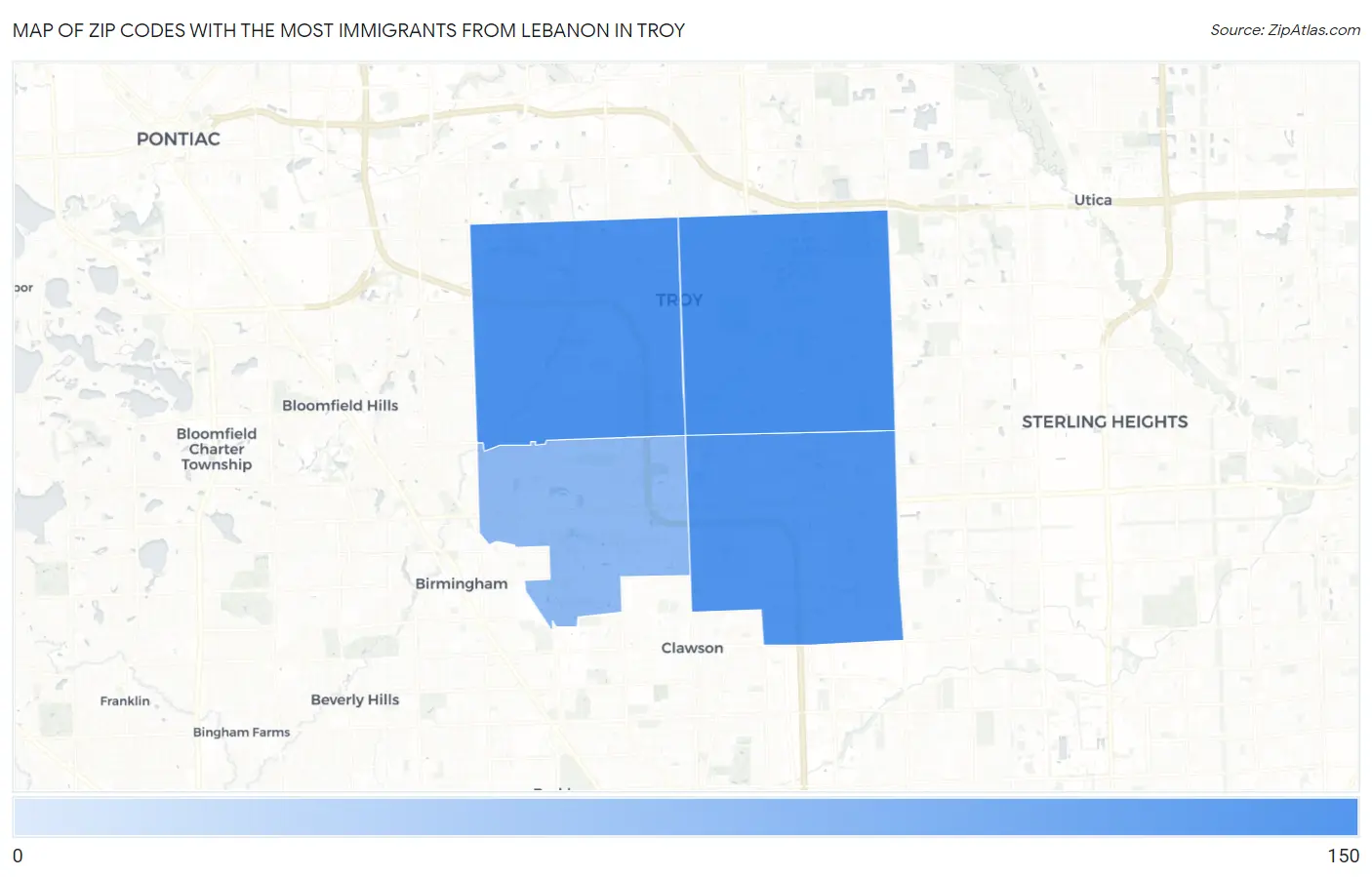 Zip Codes with the Most Immigrants from Lebanon in Troy Map
