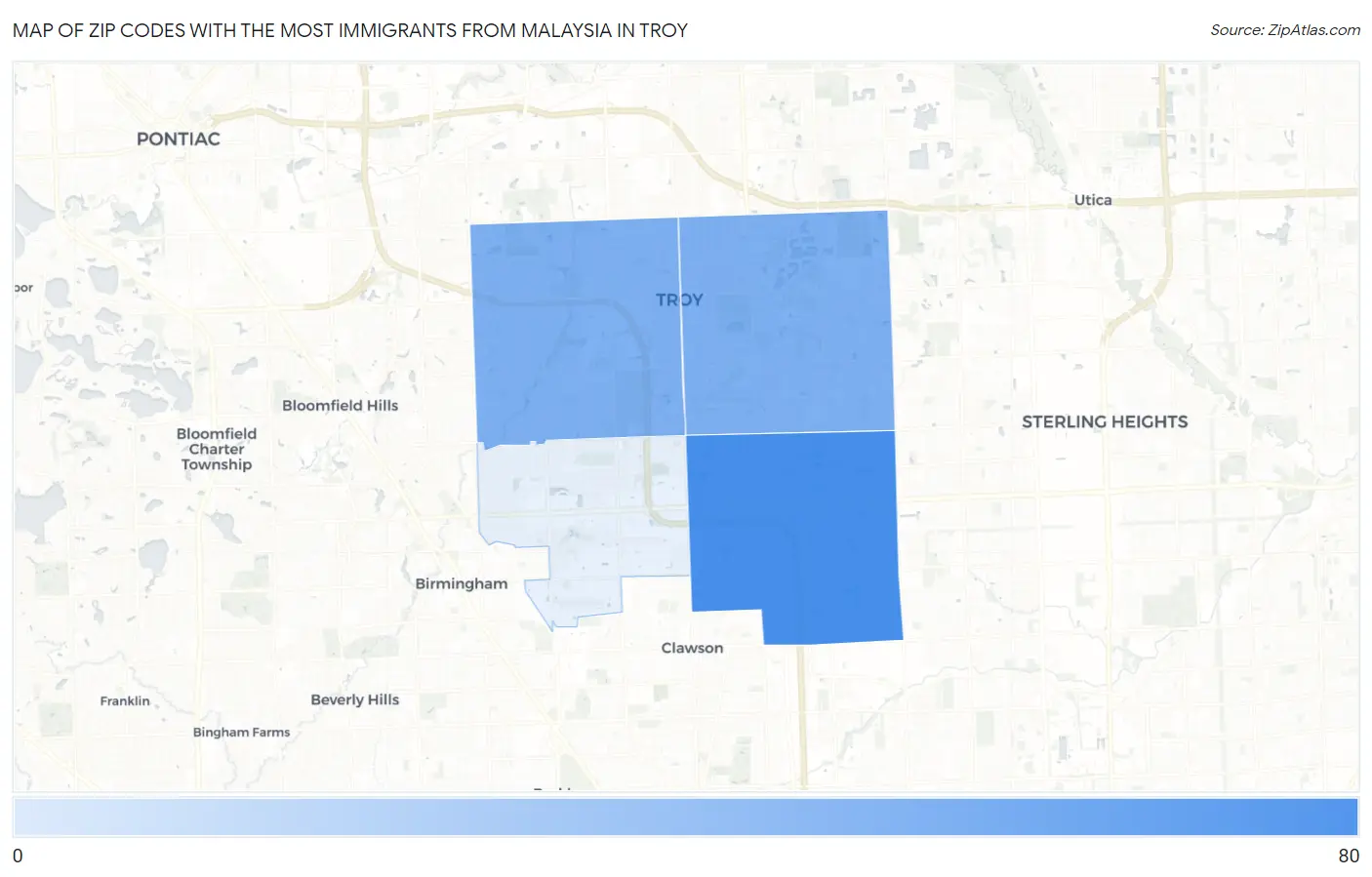 Zip Codes with the Most Immigrants from Malaysia in Troy Map