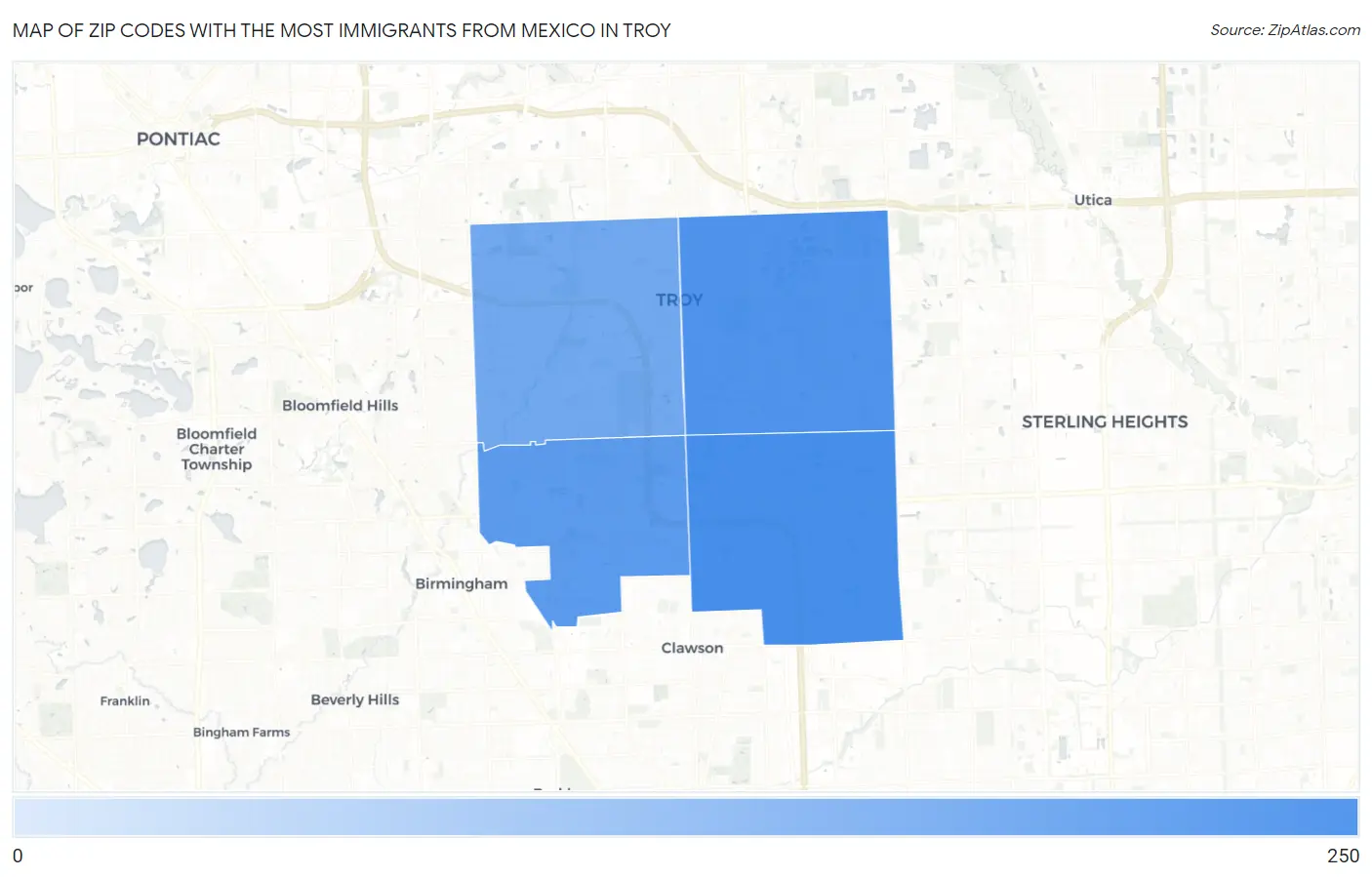Zip Codes with the Most Immigrants from Mexico in Troy Map