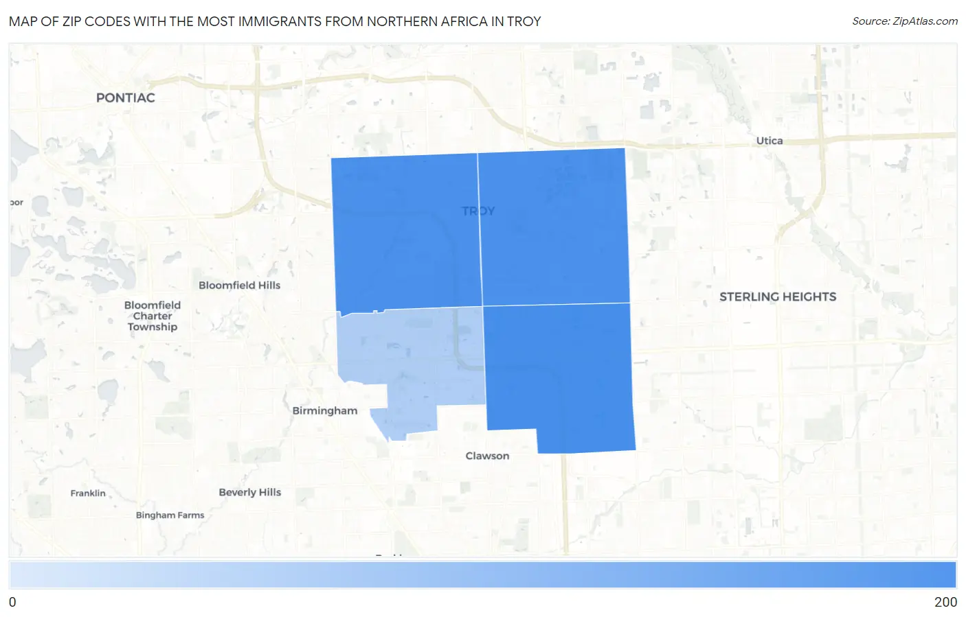 Zip Codes with the Most Immigrants from Northern Africa in Troy Map