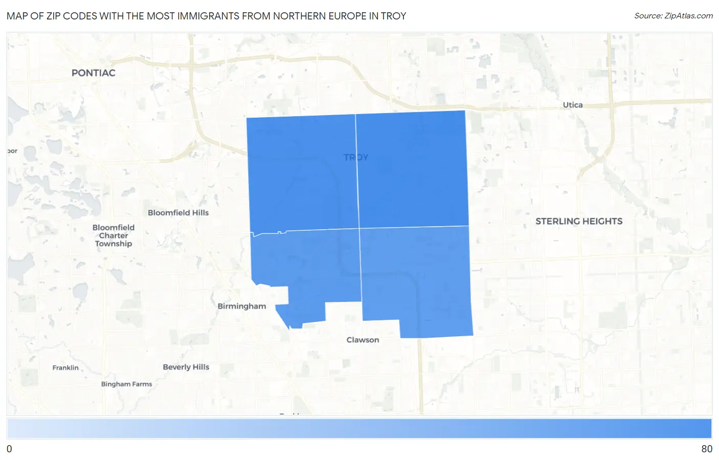 Zip Codes with the Most Immigrants from Northern Europe in Troy Map