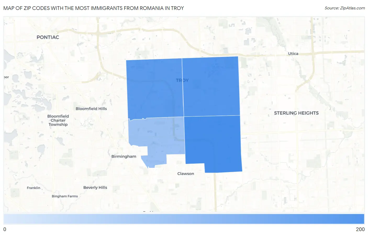 Zip Codes with the Most Immigrants from Romania in Troy Map