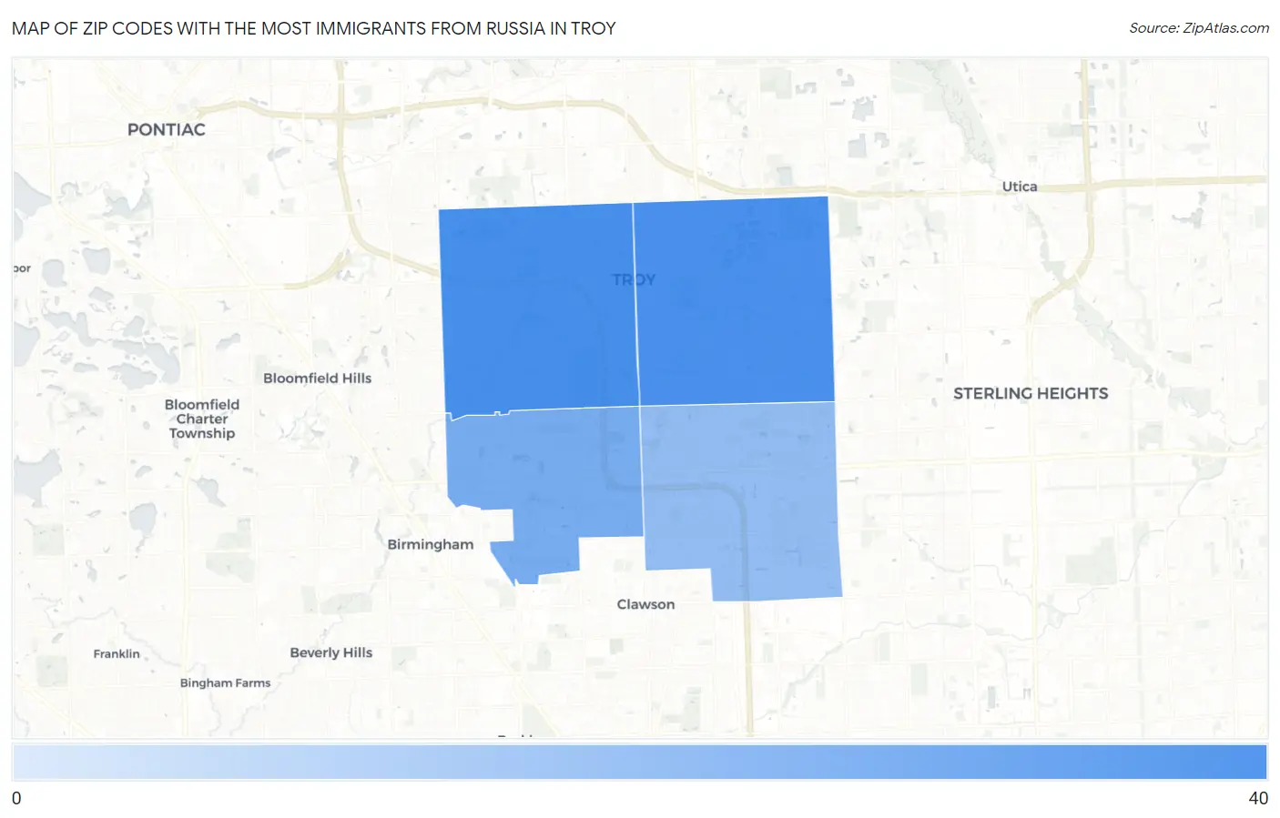 Zip Codes with the Most Immigrants from Russia in Troy Map