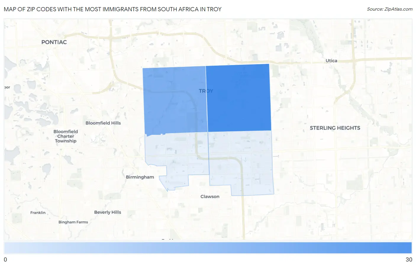 Zip Codes with the Most Immigrants from South Africa in Troy Map